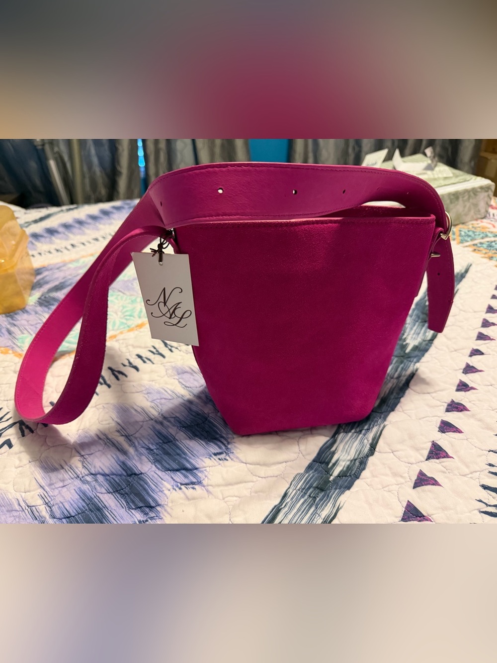 Magenta Suede Bucket Crossbody Bag